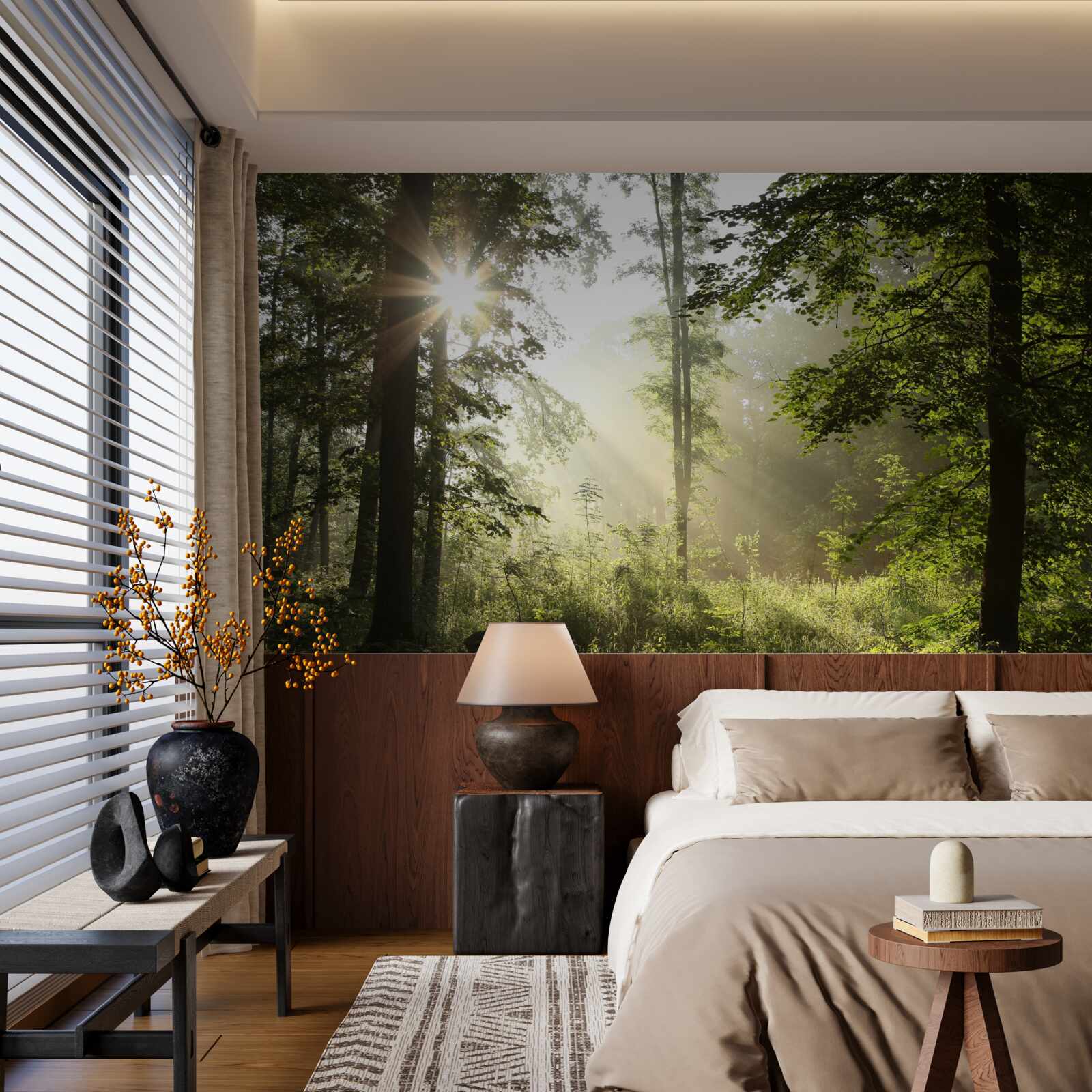 Fotobehang de zonnestralen weren de nachtelijke kilte van de bomen af