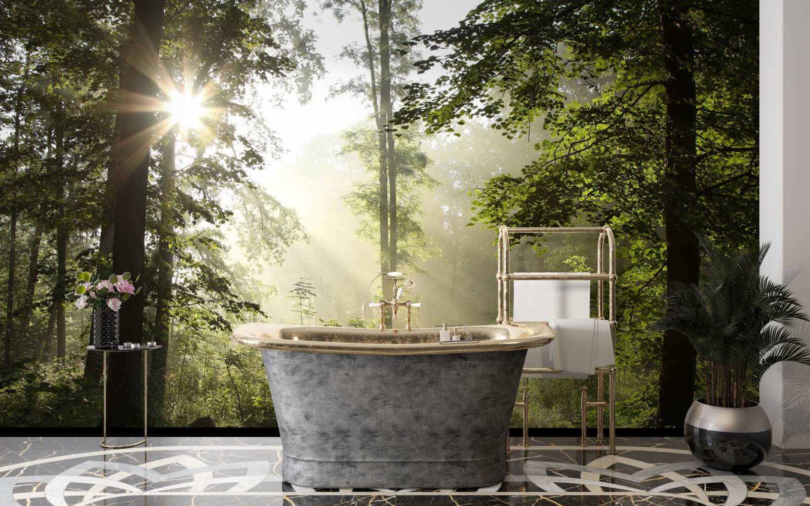 Fotobehang de zonnestralen weren de nachtelijke kilte van de bomen af