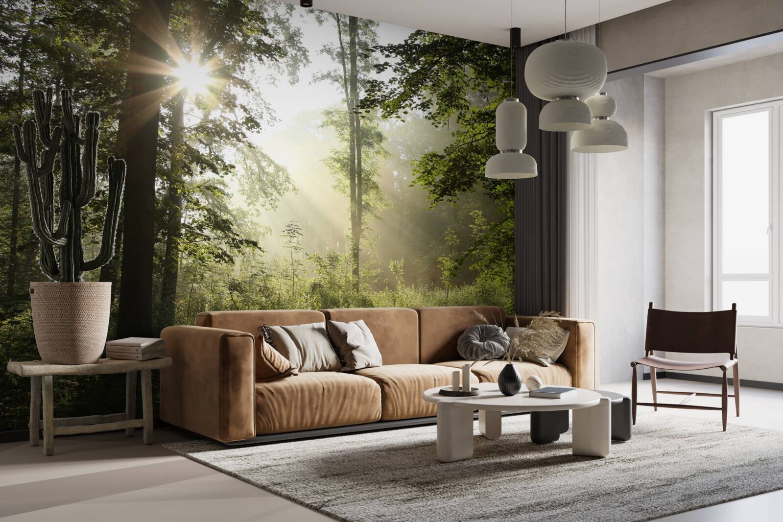 Fotobehang de zonnestralen weren de nachtelijke kilte van de bomen af