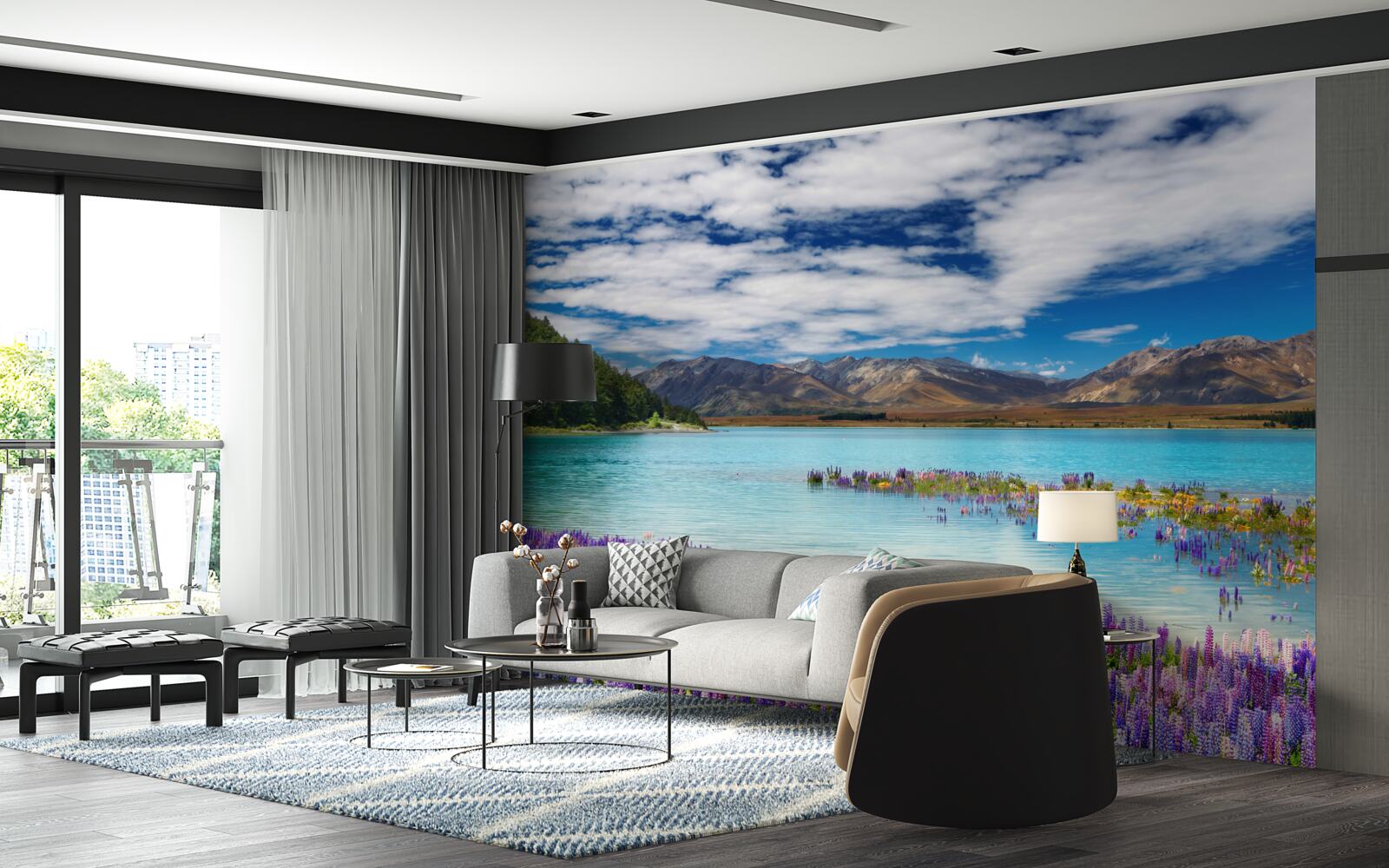 Fotobehang bloemen weerspiegelen in het kristalheldere water van een bergmeer