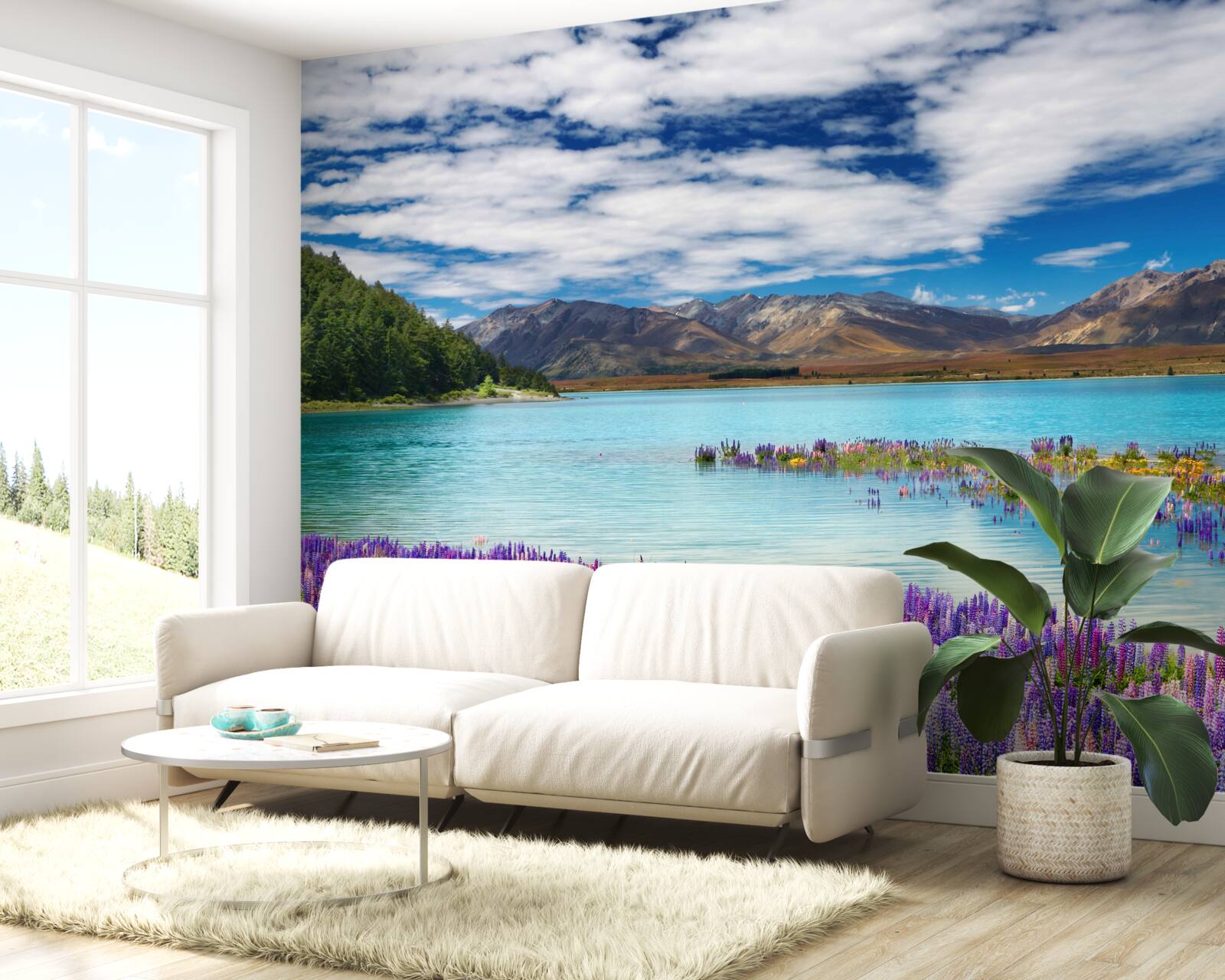 Fotobehang bloemen weerspiegelen in het kristalheldere water van een bergmeer