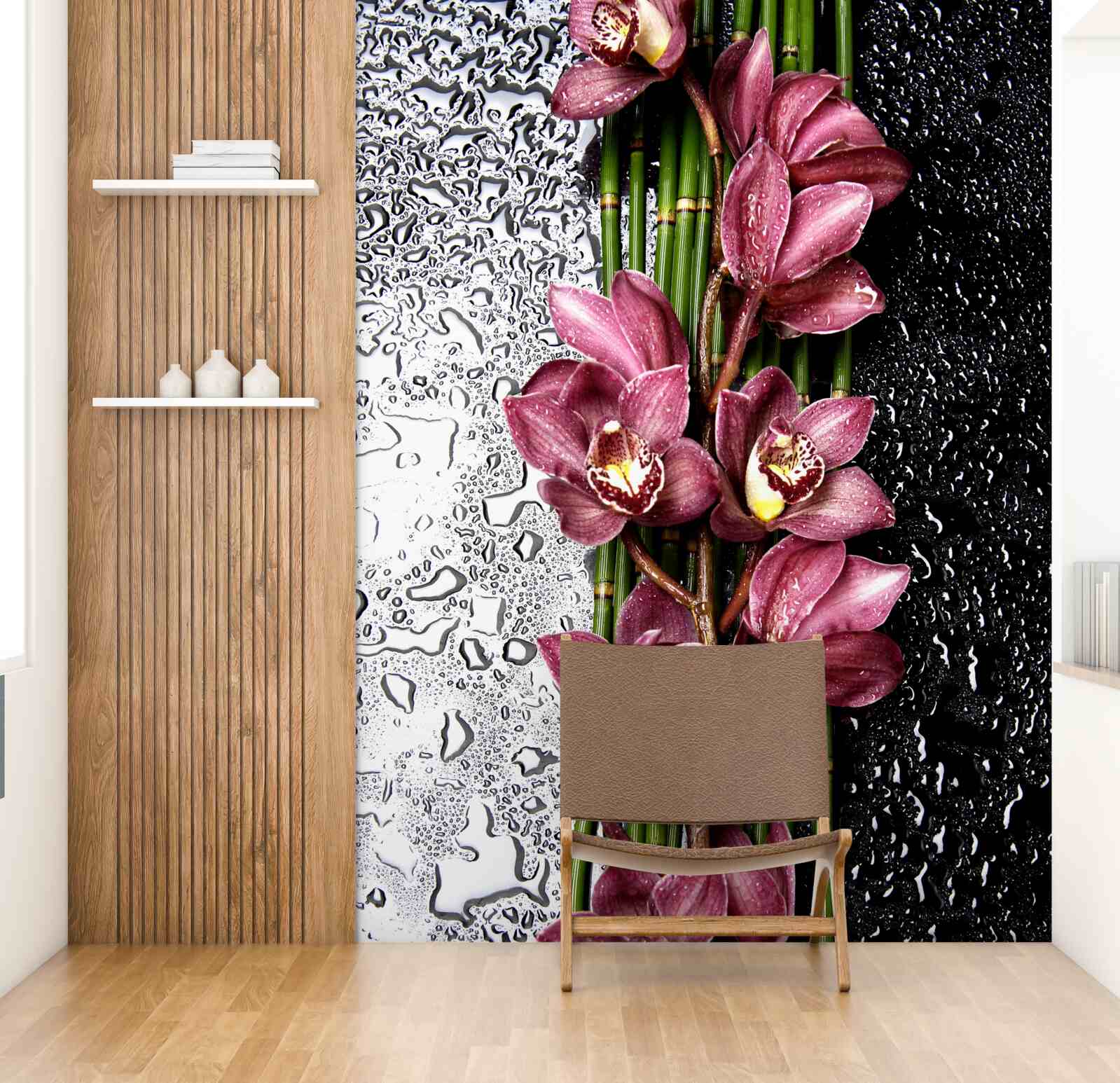 Fotobehang de natte vloer is versierd met takken delicate bloemen