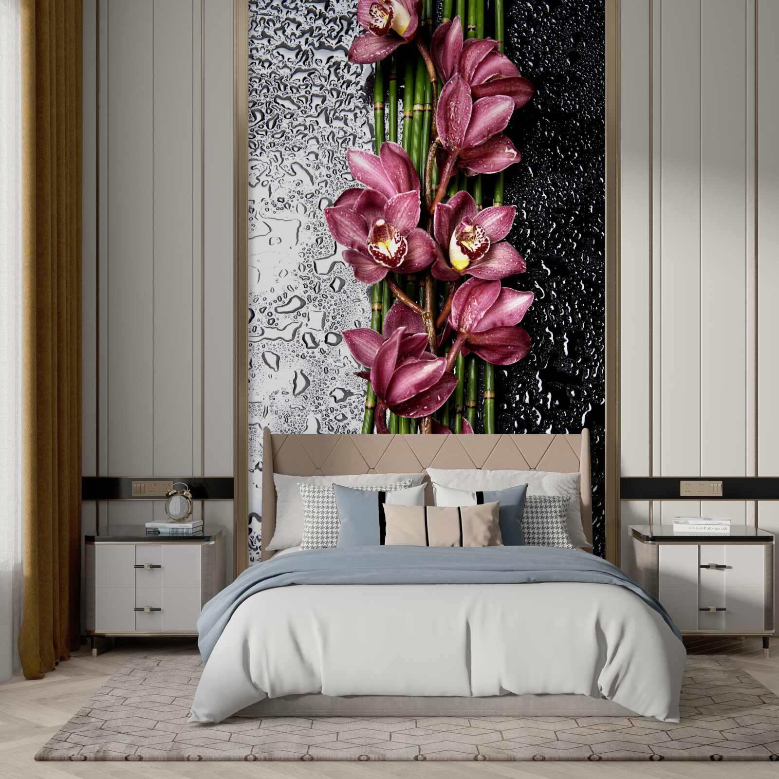 Fotobehang de natte vloer is versierd met takken delicate bloemen