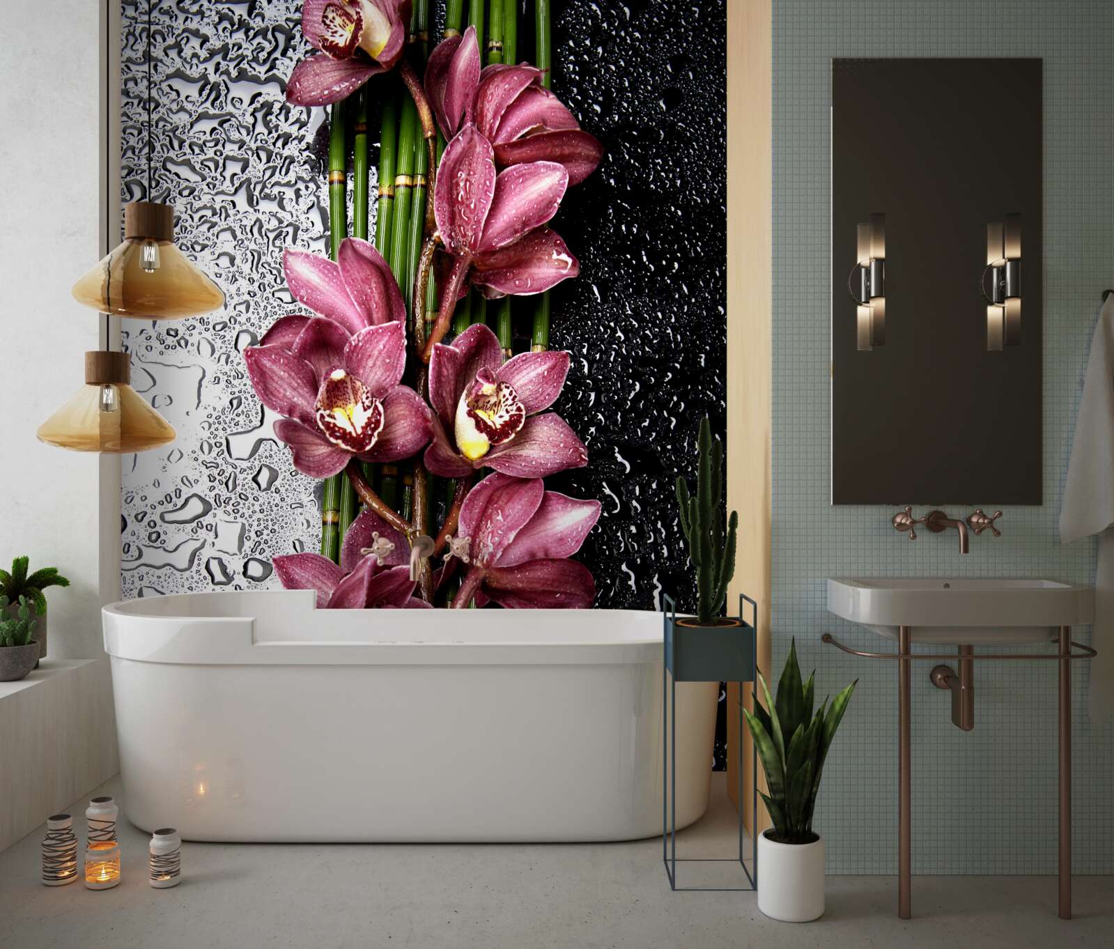 Fotobehang de natte vloer is versierd met takken delicate bloemen