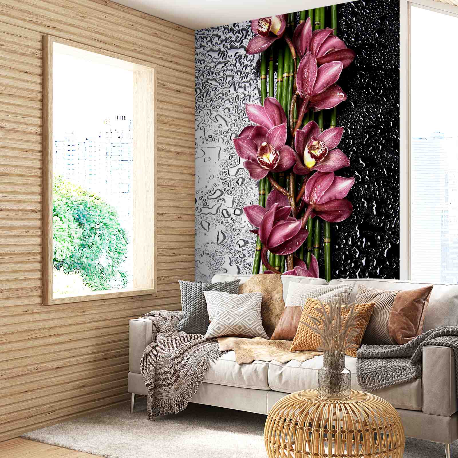 Fotobehang de natte vloer is versierd met takken delicate bloemen