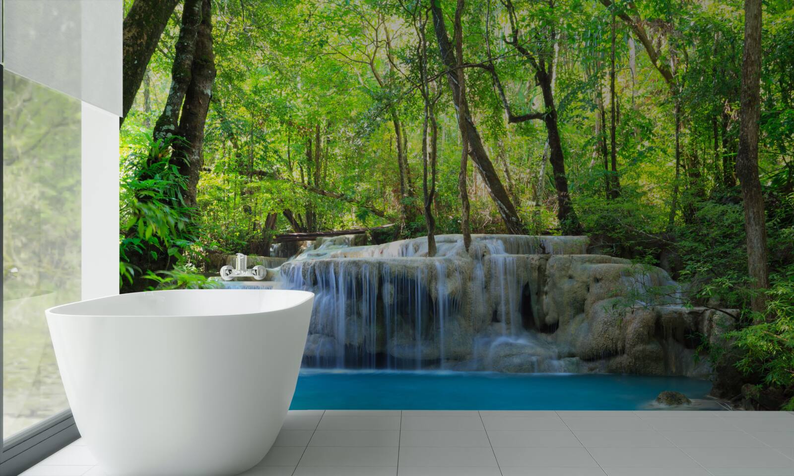 Fotobehang groen bos verbergt een waterval