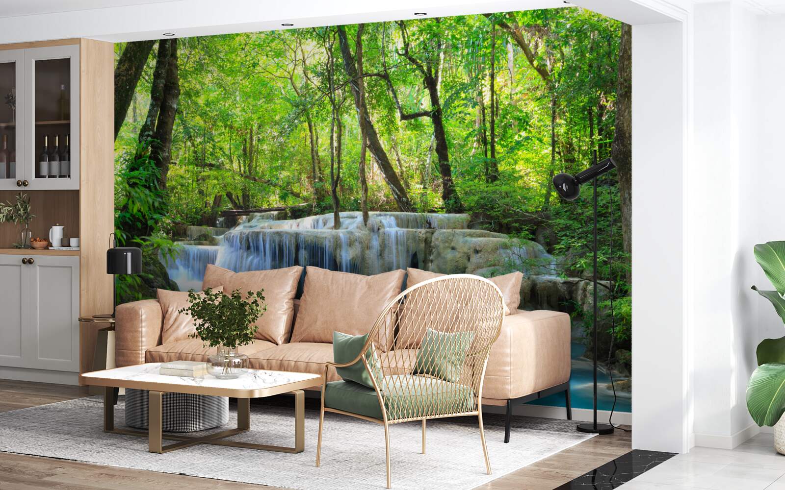 Fotobehang groen bos verbergt een waterval