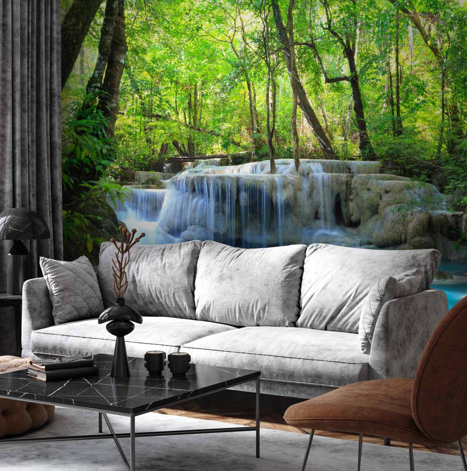 Fotobehang groen bos verbergt een waterval