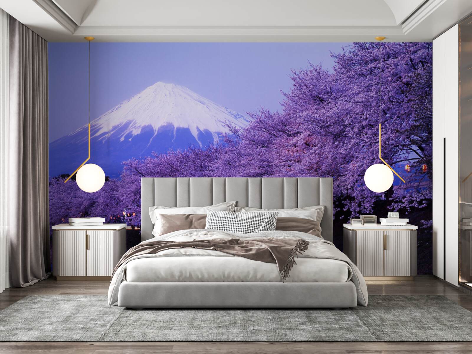 Fotobehang seringbloemen aan de voet van de berg groeien dicht bij het water