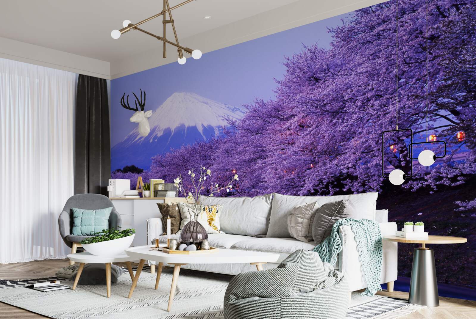 Fotobehang seringbloemen aan de voet van de berg groeien dicht bij het water