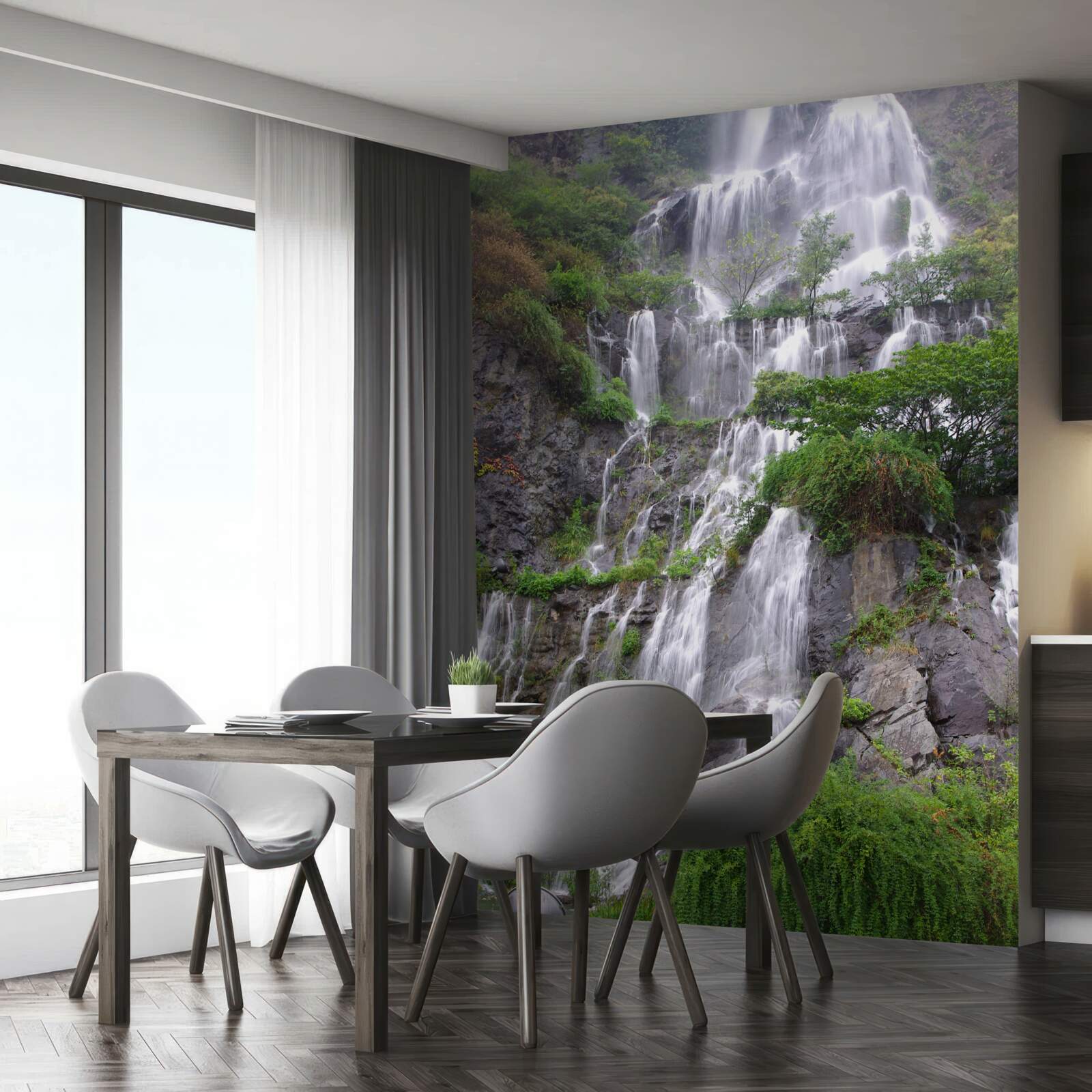 Fotobehang spectaculaire bergwaterval met watervallen