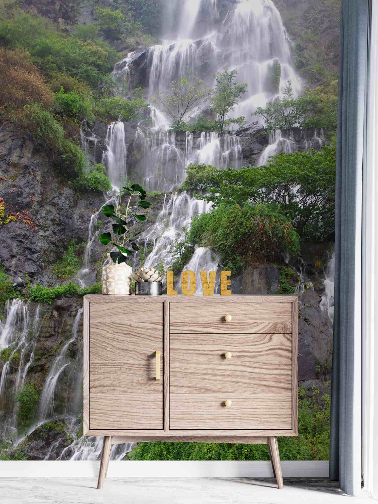 Fotobehang spectaculaire bergwaterval met watervallen