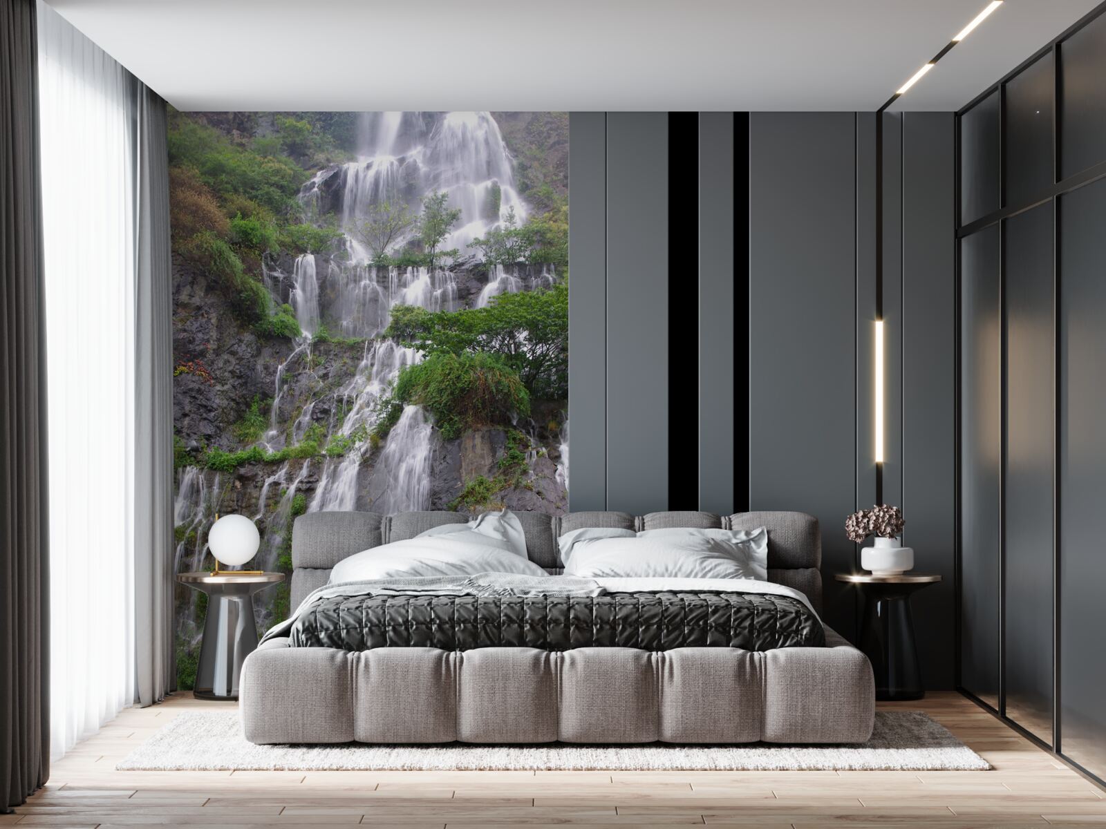 Fotobehang spectaculaire bergwaterval met watervallen