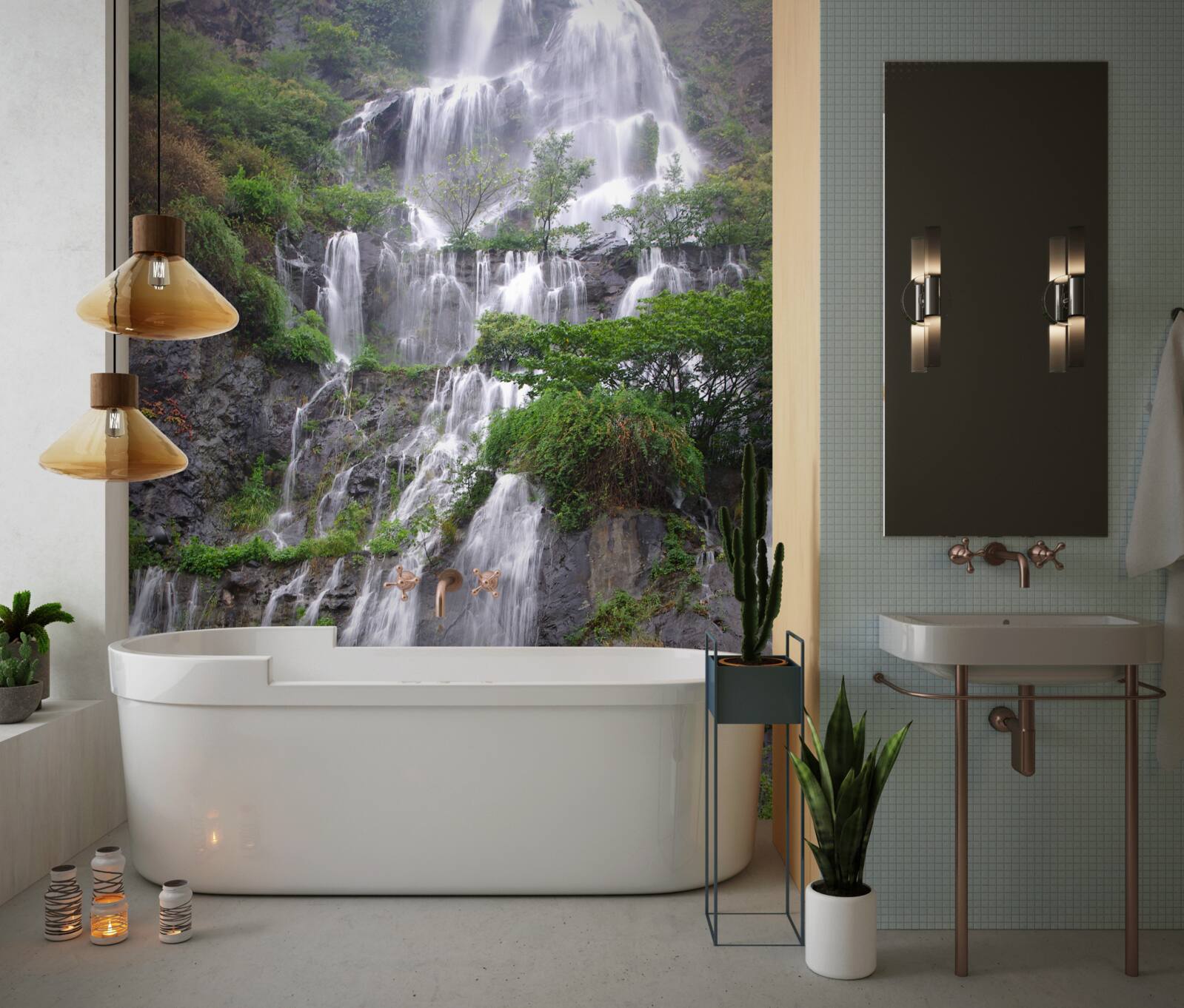 Fotobehang spectaculaire bergwaterval met watervallen