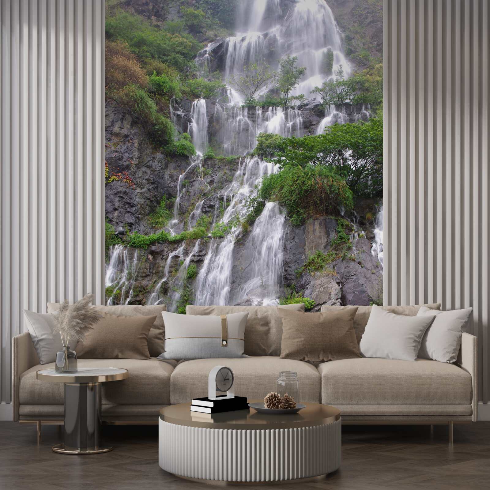 Fotobehang spectaculaire bergwaterval met watervallen