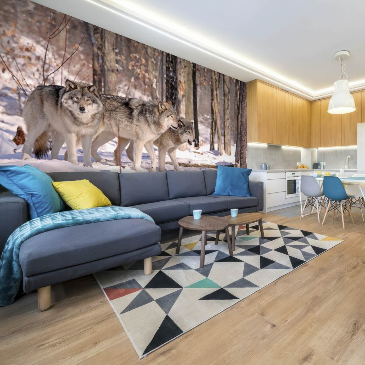 Fotobehang een groep wolven loopt door een winters bosschage