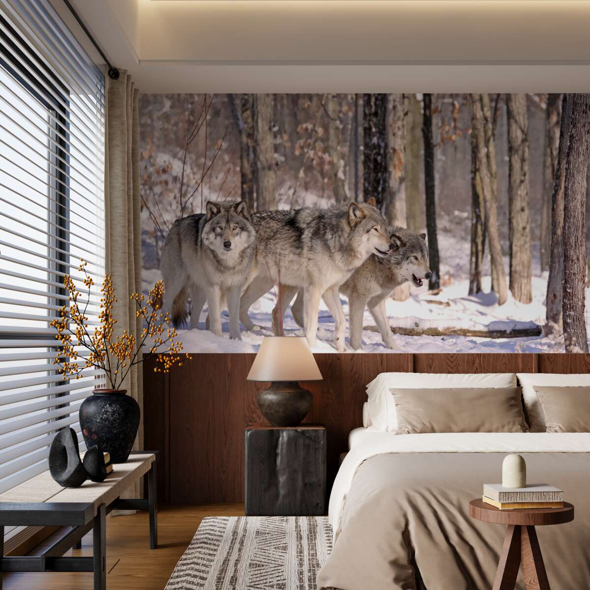 Fotobehang een groep wolven loopt door een winters bosschage