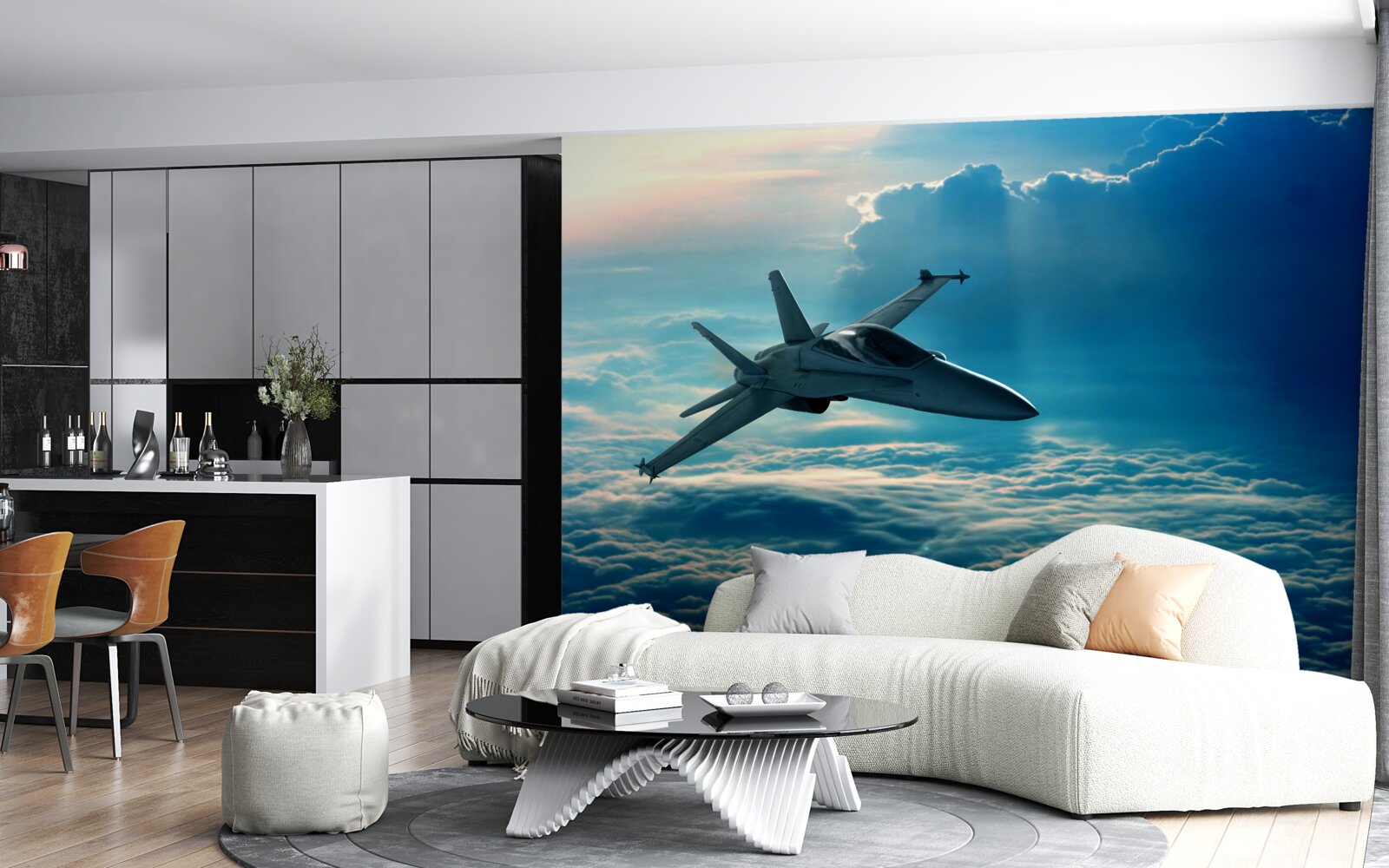 Fotobehang Gevechtsvliegtuig raast door de wolken