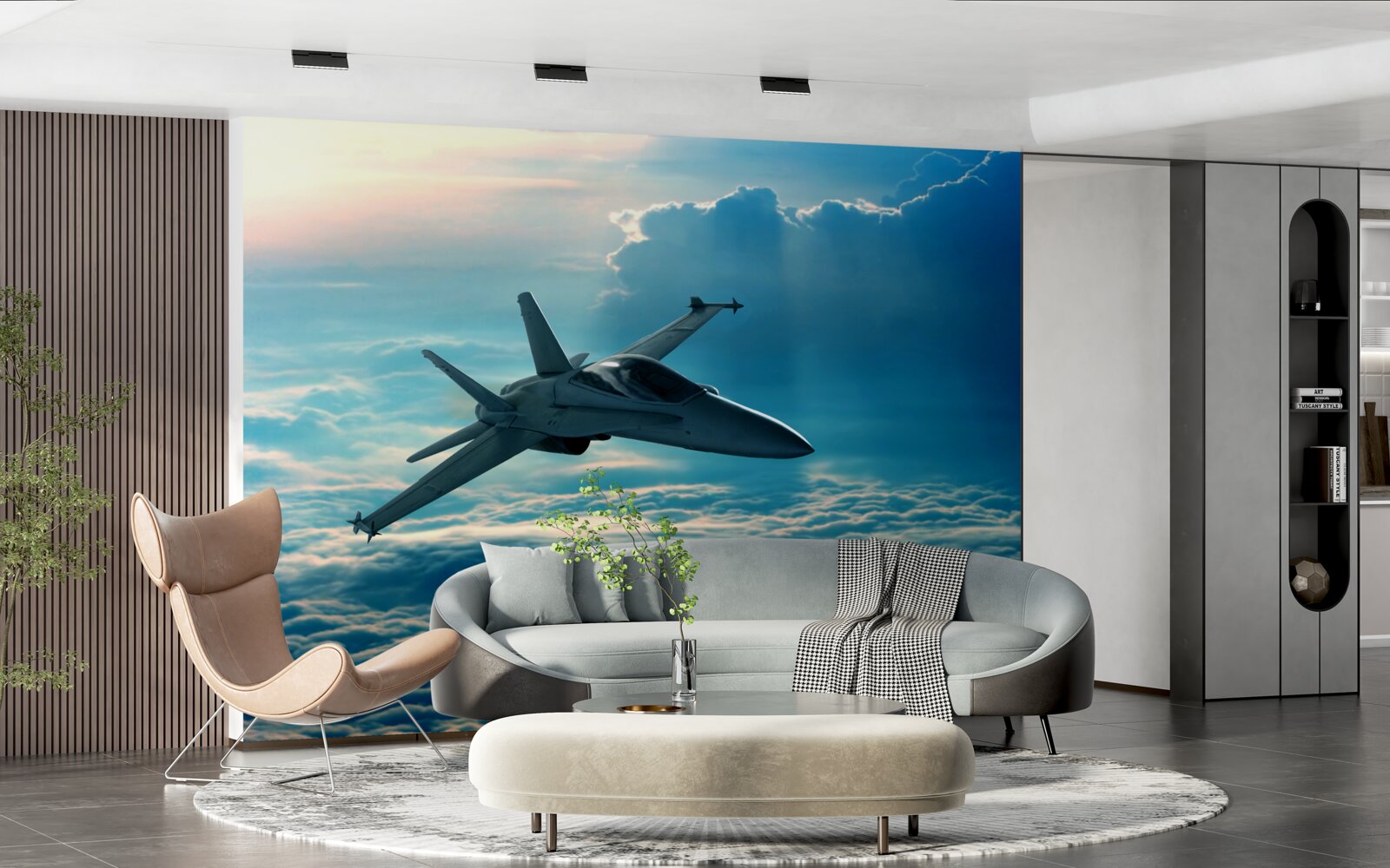 Fotobehang Gevechtsvliegtuig raast door de wolken