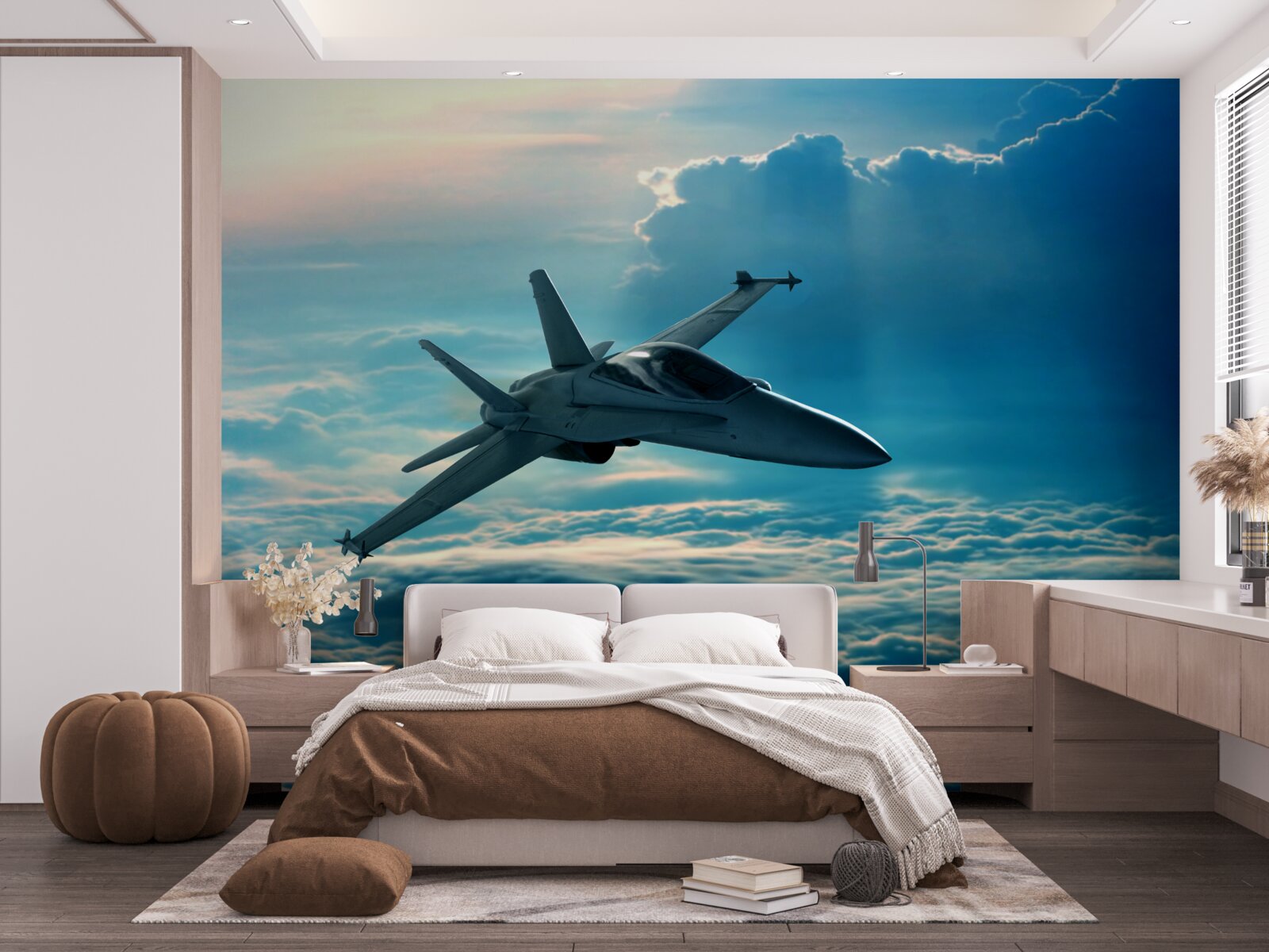 Fotobehang Gevechtsvliegtuig raast door de wolken