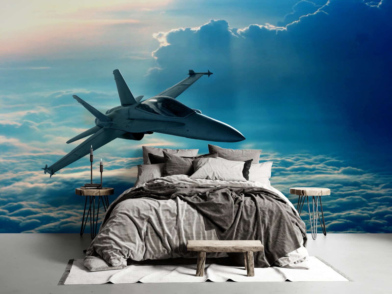 Fotobehang Gevechtsvliegtuig raast door de wolken