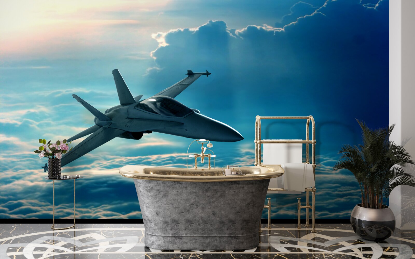 Fotobehang Gevechtsvliegtuig raast door de wolken