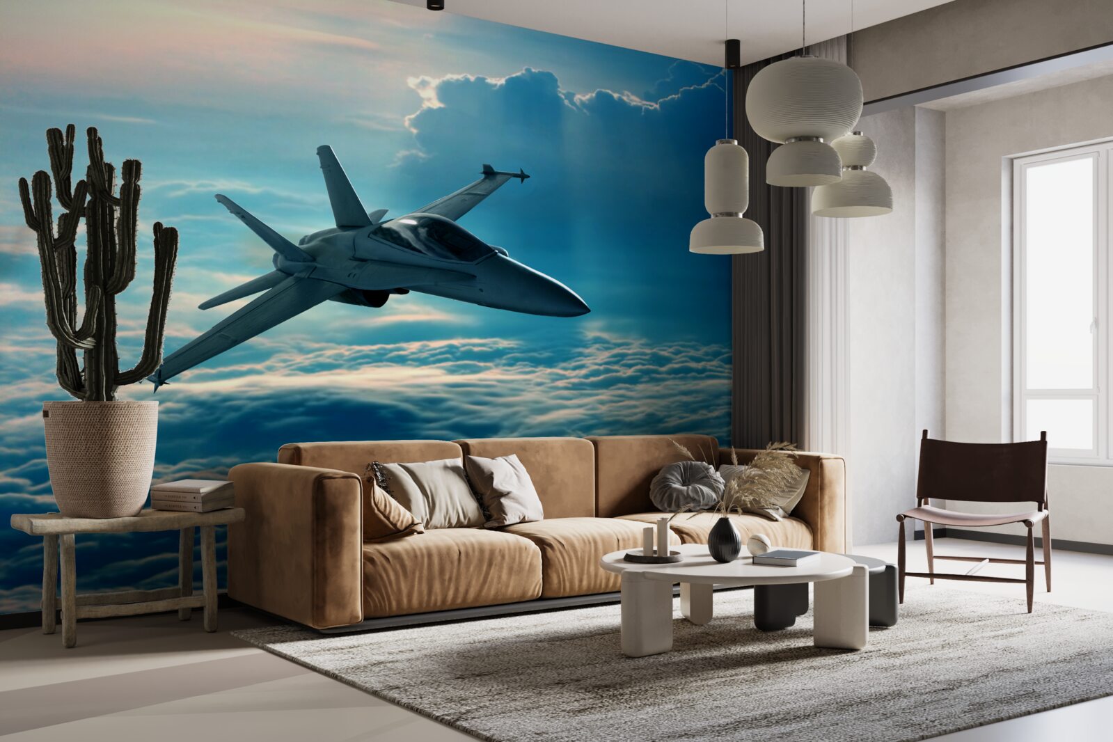 Fotobehang Gevechtsvliegtuig raast door de wolken