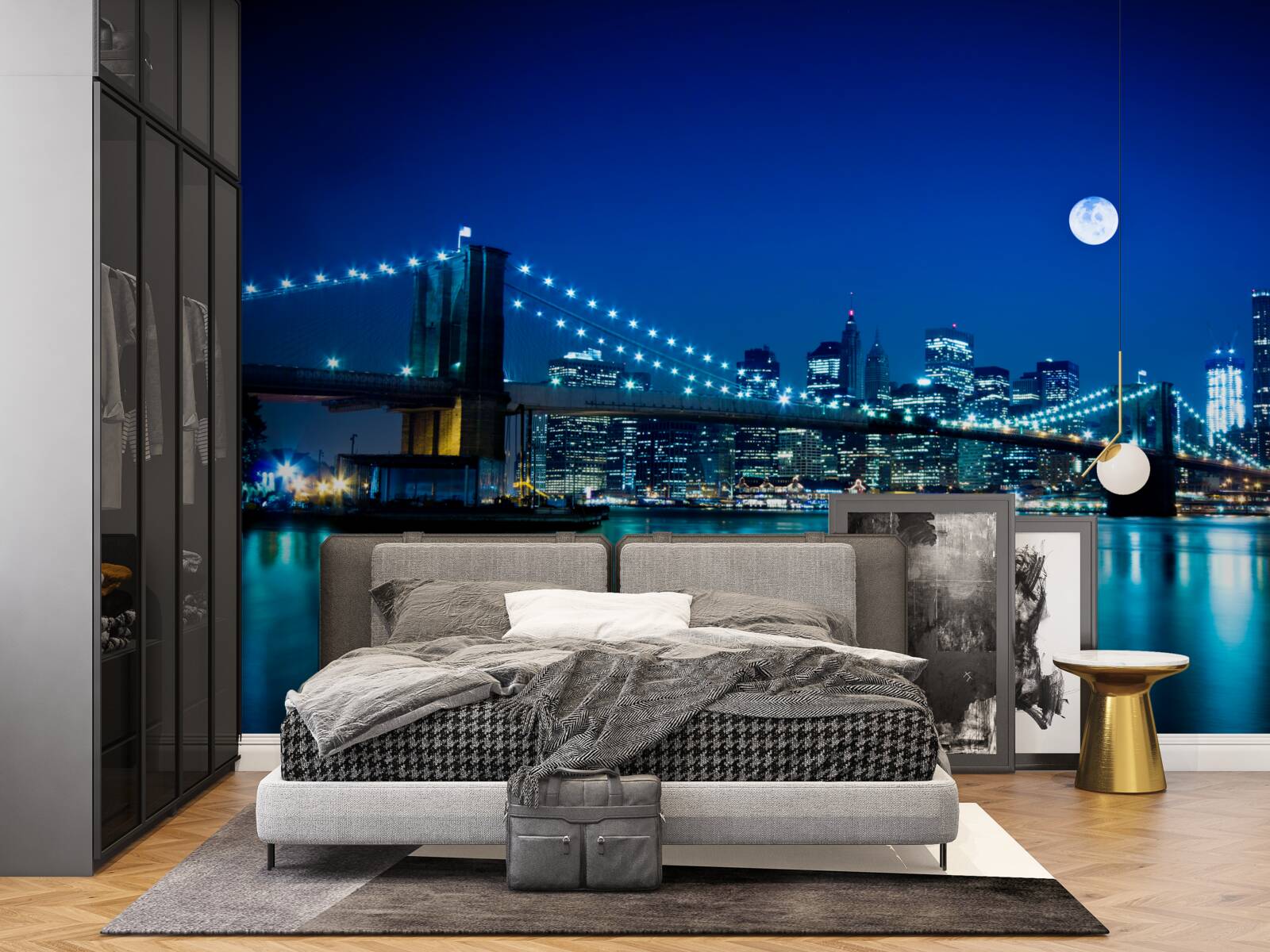 Fotobehang brooklyn bridge verlicht door nachtelijk maanlicht