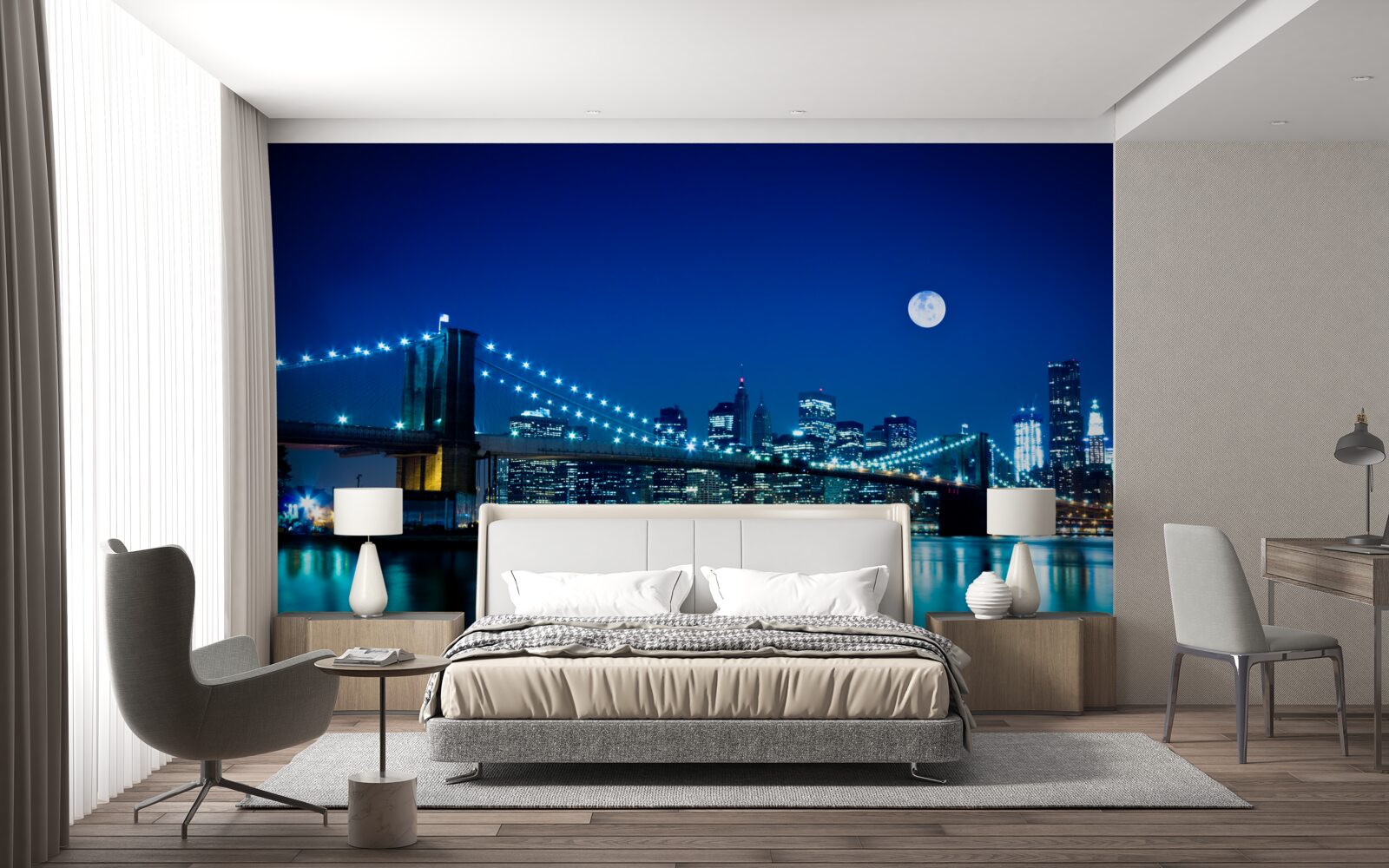 Fotobehang brooklyn bridge verlicht door nachtelijk maanlicht