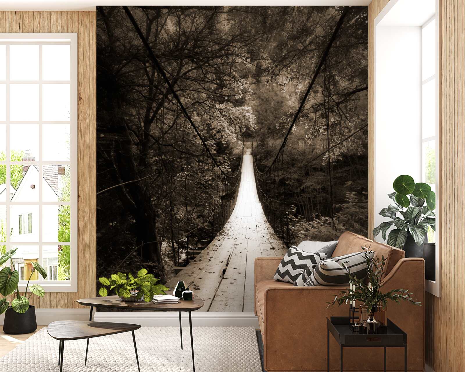 Fotobehang houten brug die de vijver in het bosgebied verbindt