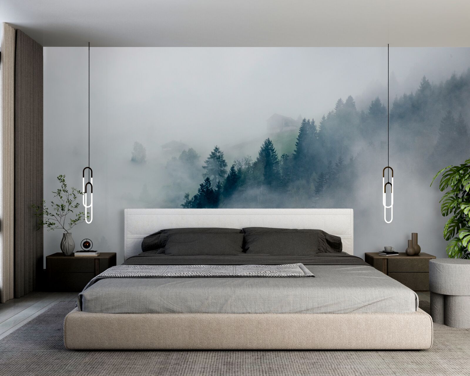 Fotobehang de rand van het bos is in mist gehuld