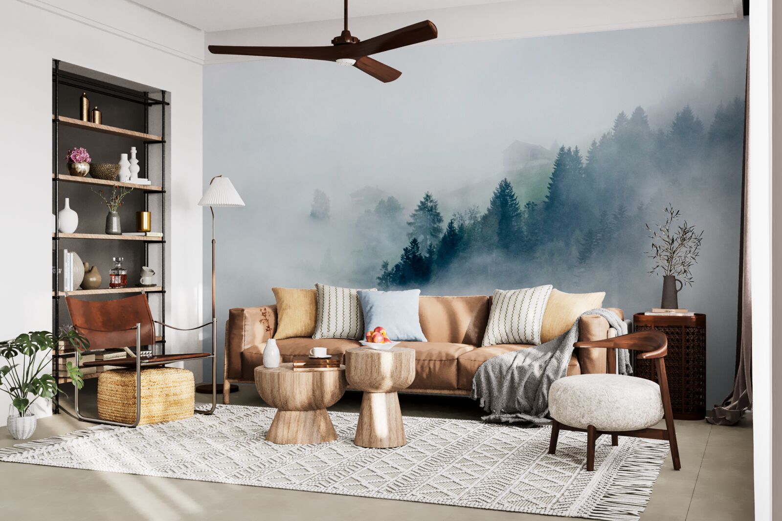 Fotobehang de rand van het bos is in mist gehuld