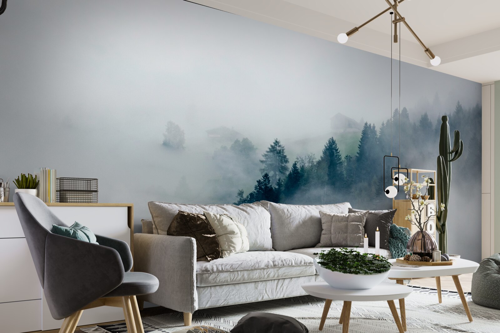 Fotobehang de rand van het bos is in mist gehuld