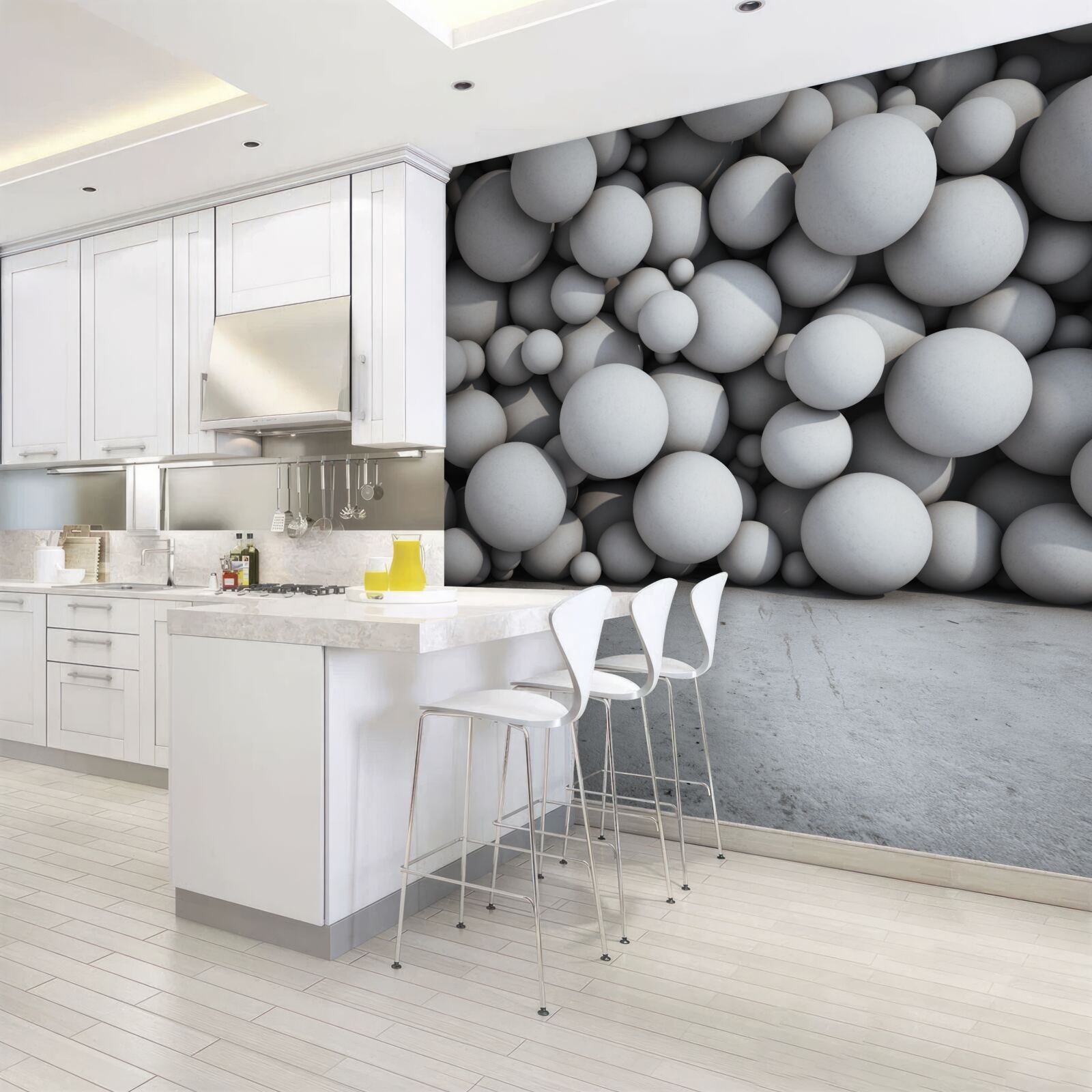 Fotobehang een barrière van zilveren ballen die in de lucht zweven