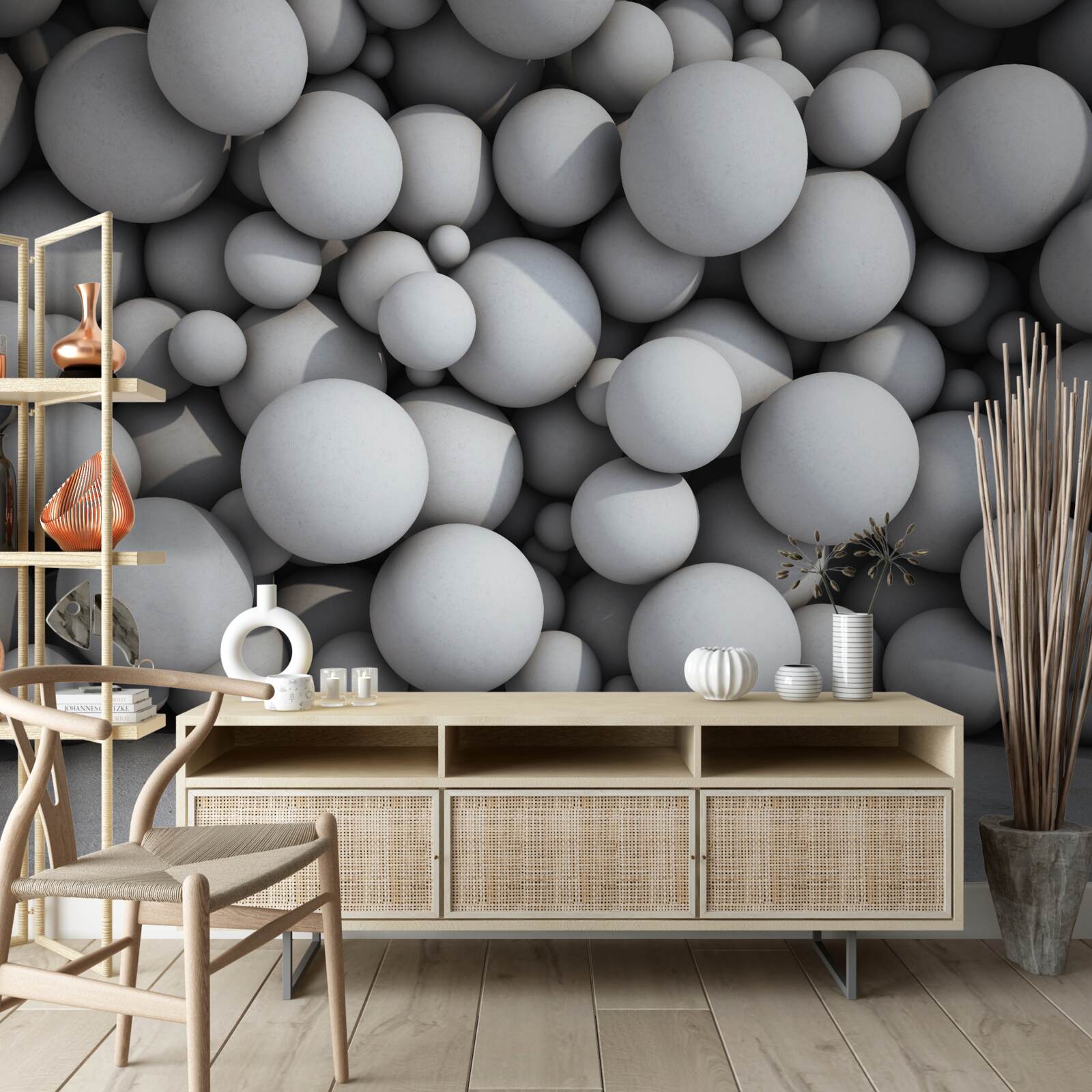 Fotobehang een barrière van zilveren ballen die in de lucht zweven