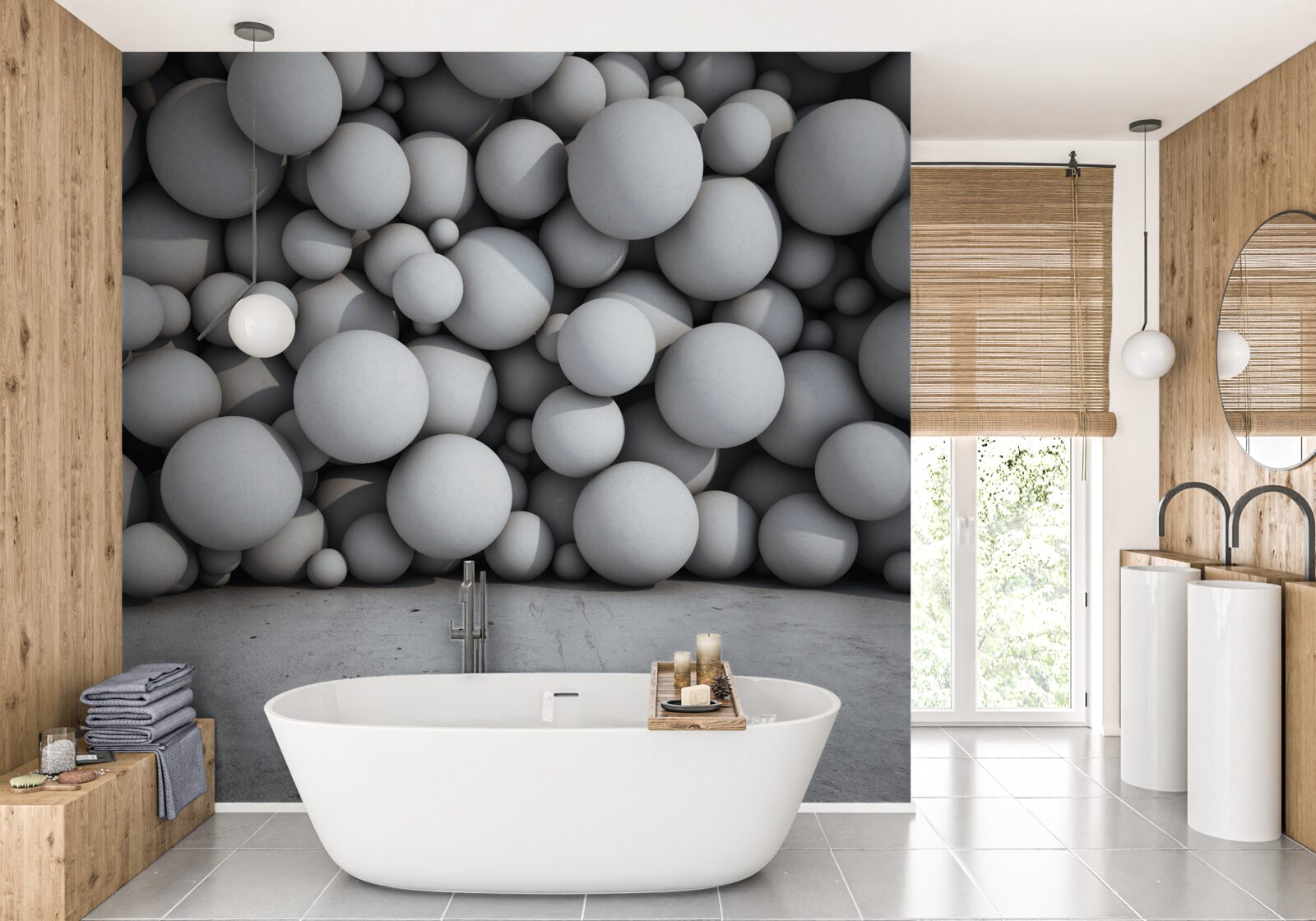 Fotobehang een barrière van zilveren ballen die in de lucht zweven