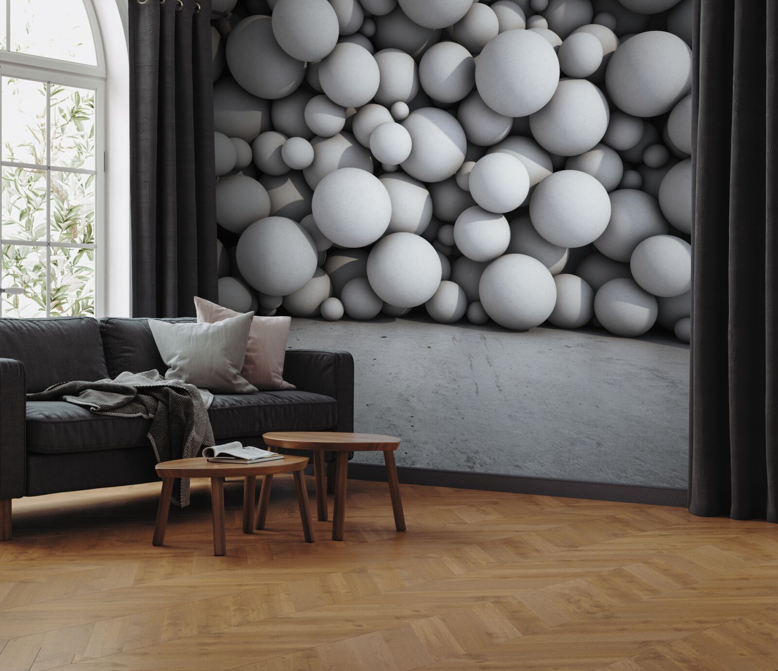 Fotobehang een barrière van zilveren ballen die in de lucht zweven