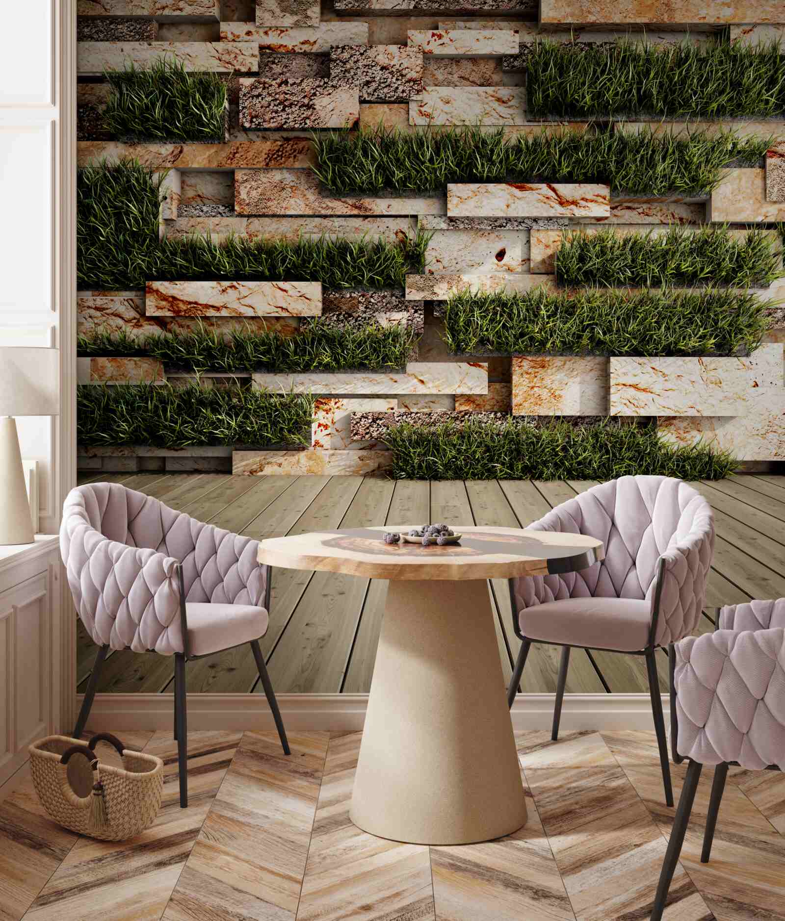 Fotobehang stenen muur versierd met groene planten