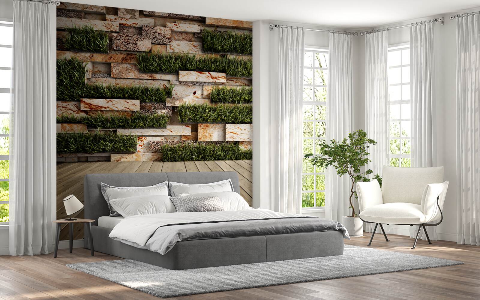 Fotobehang stenen muur versierd met groene planten