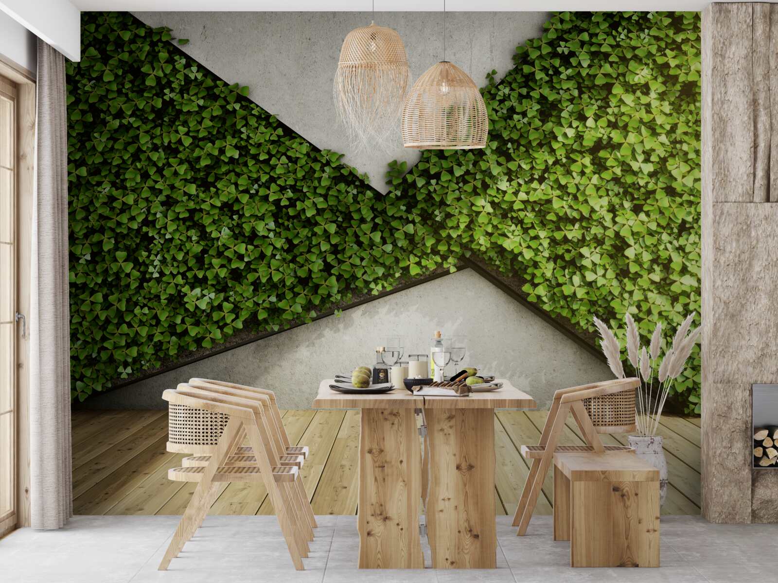 Fotobehang parketvloer en muur versierd met levende planten