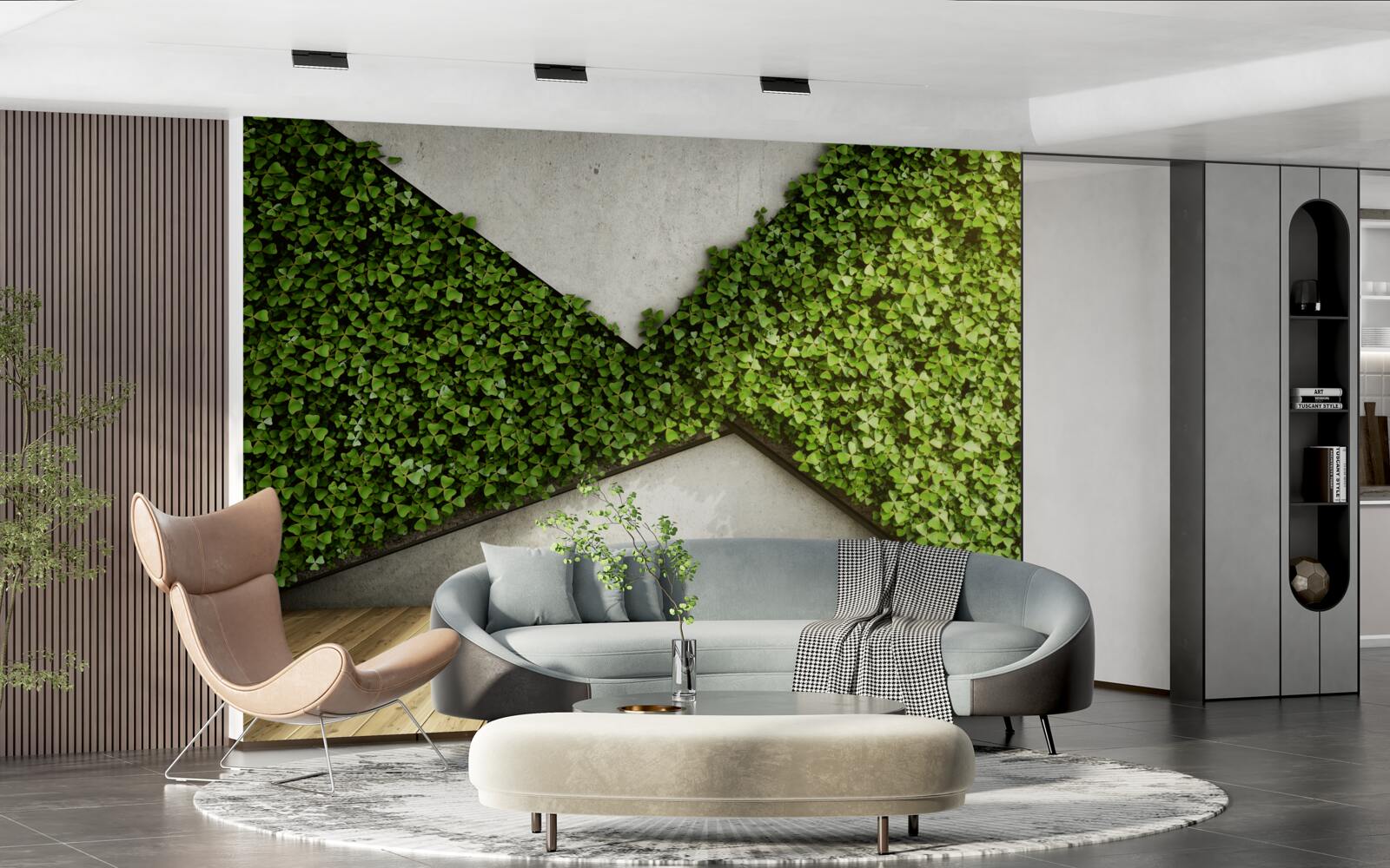 Fotobehang parketvloer en muur versierd met levende planten