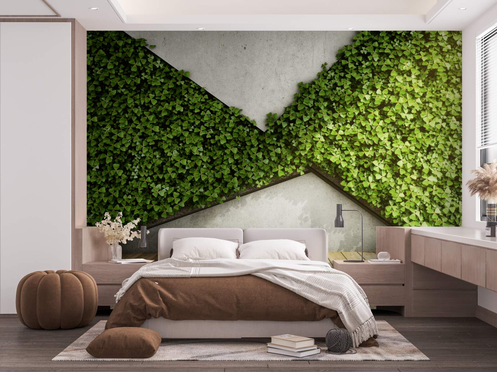 Fotobehang parketvloer en muur versierd met levende planten