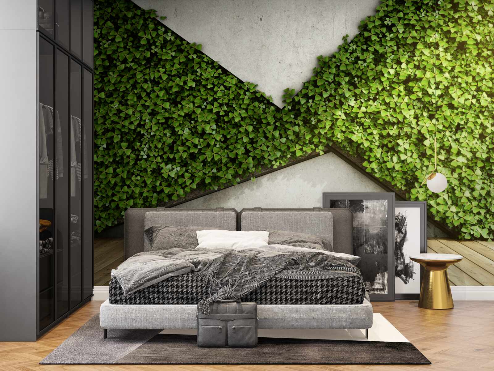 Fotobehang parketvloer en muur versierd met levende planten