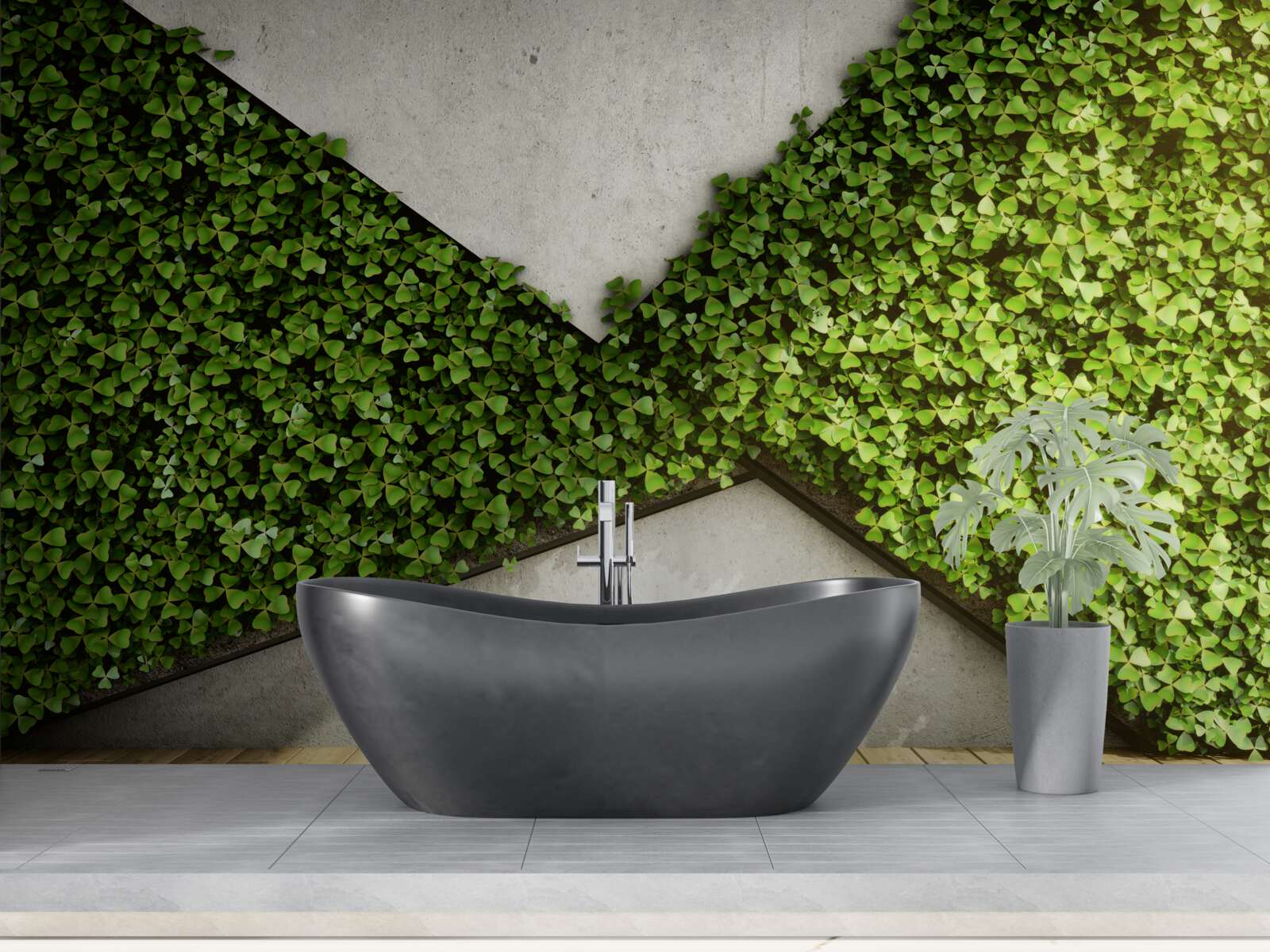 Fotobehang parketvloer en muur versierd met levende planten