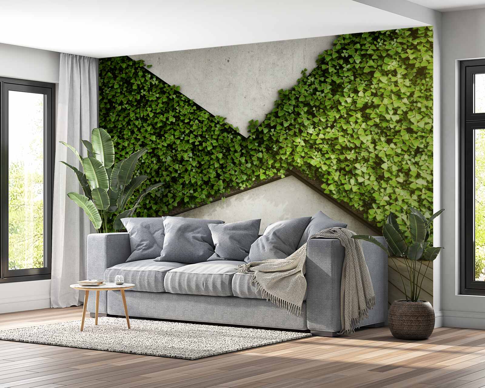 Fotobehang parketvloer en muur versierd met levende planten