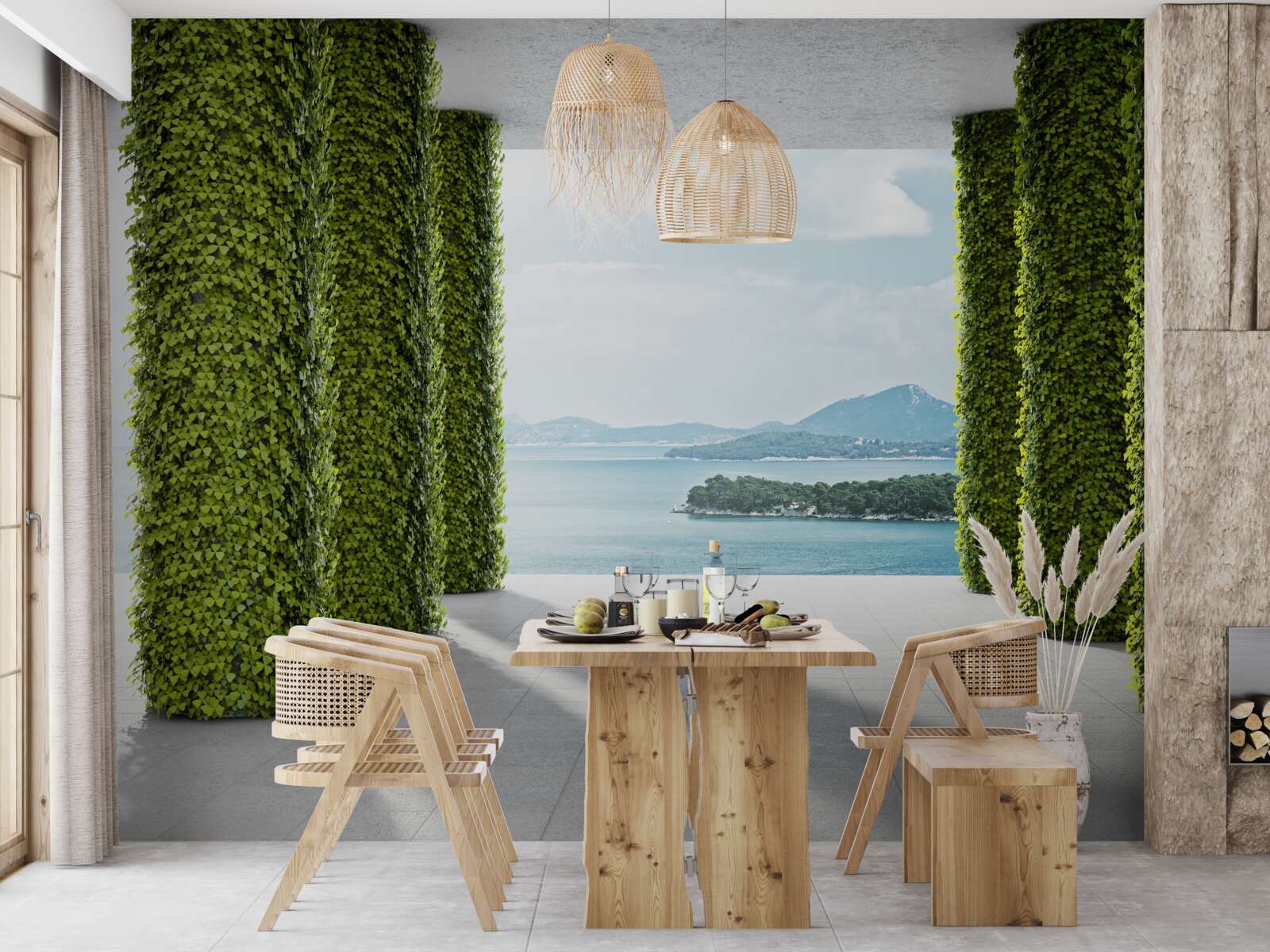 Fotobehang zuilengalerij tussen het groen die naar de zee leidt