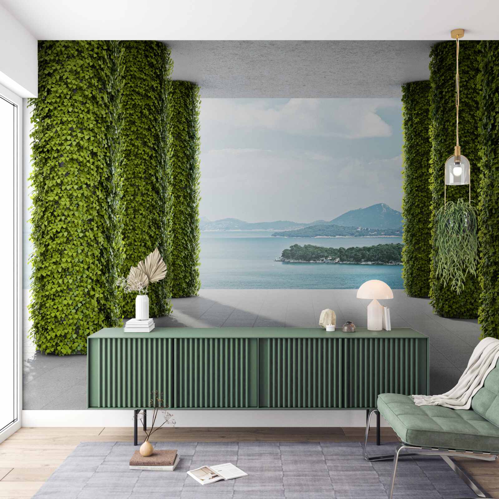 Fotobehang zuilengalerij tussen het groen die naar de zee leidt