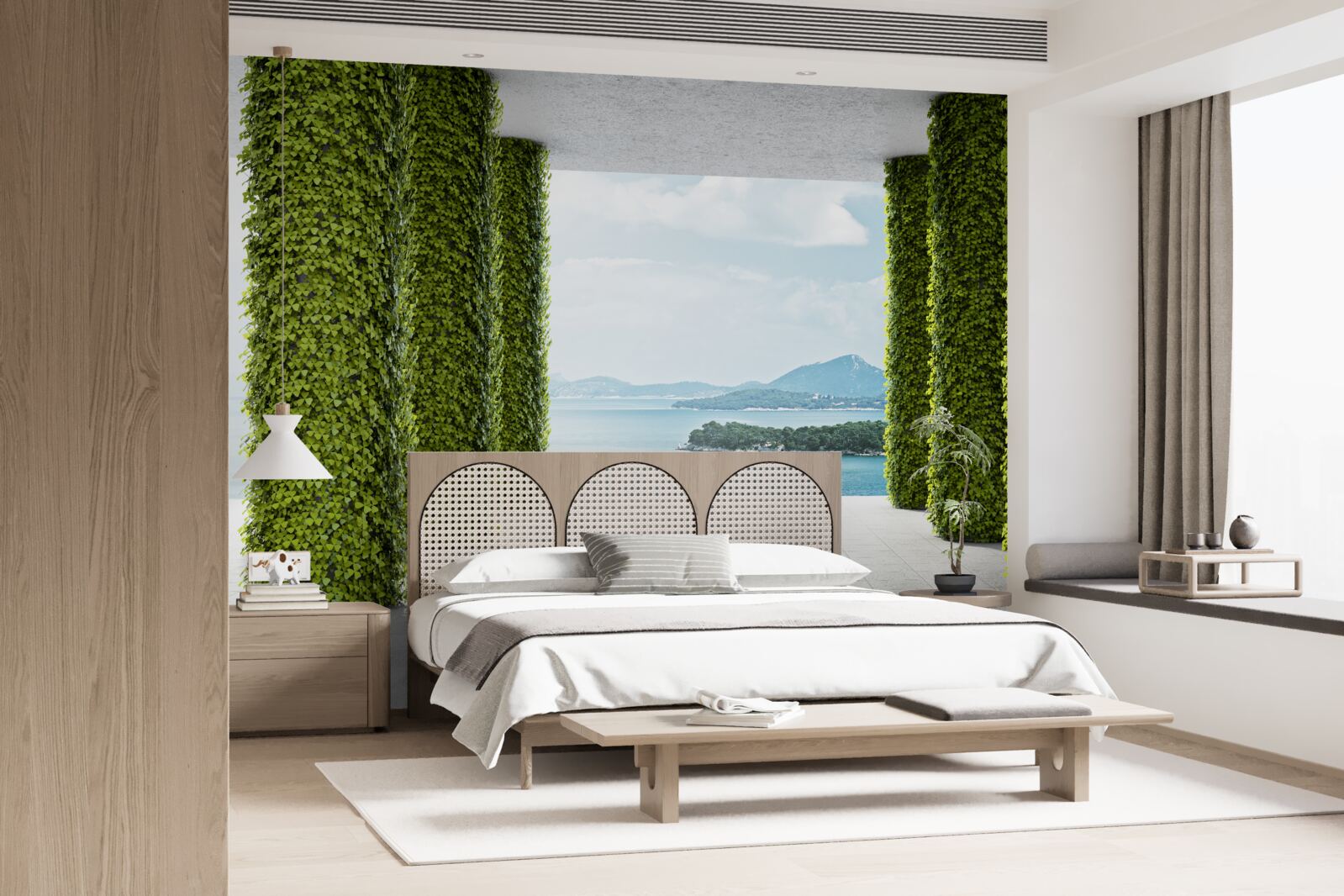 Fotobehang zuilengalerij tussen het groen die naar de zee leidt