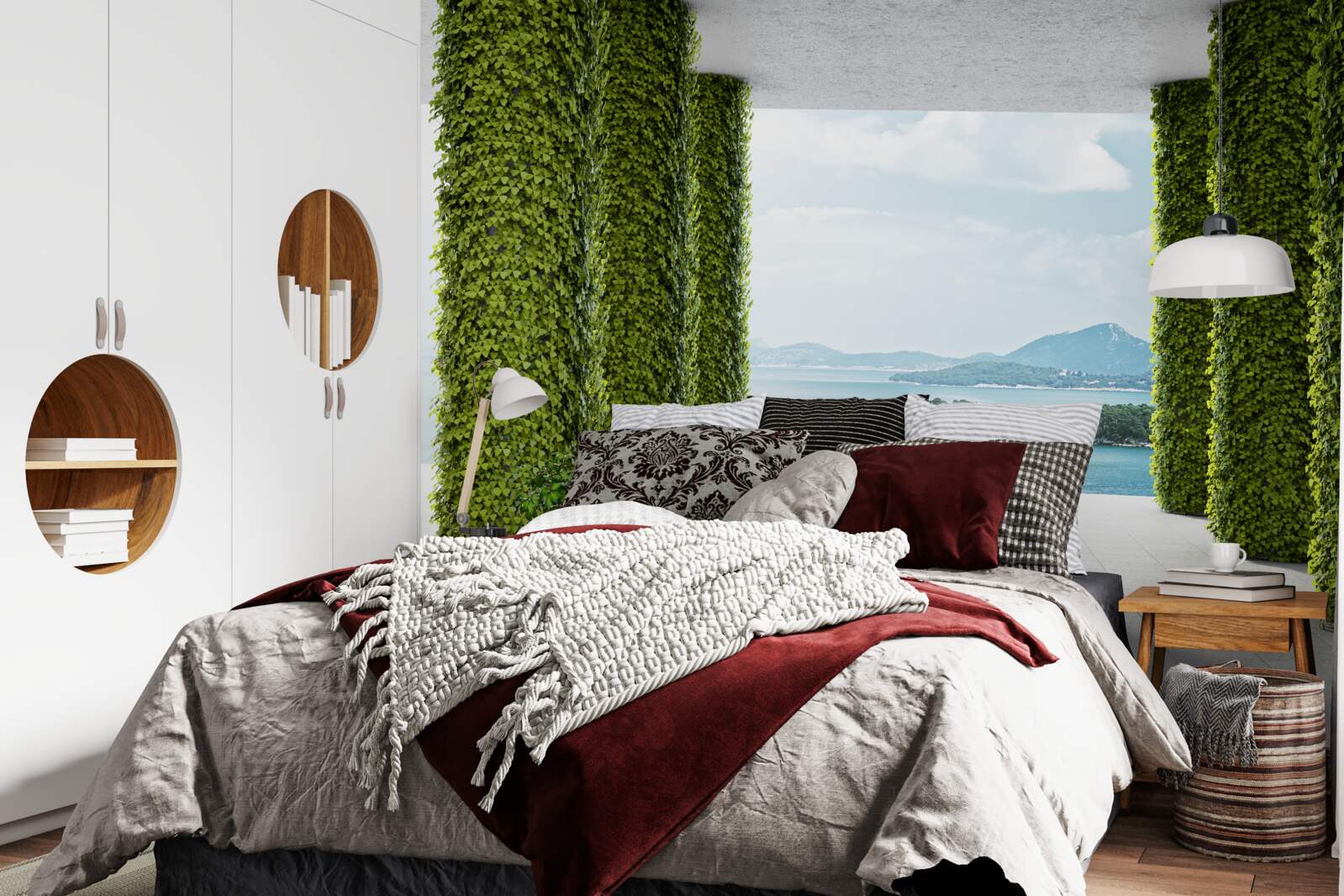 Fotobehang zuilengalerij tussen het groen die naar de zee leidt