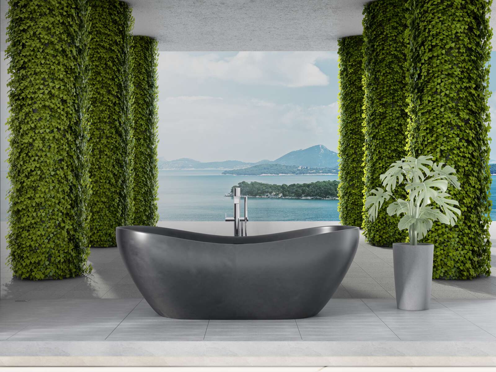 Fotobehang zuilengalerij tussen het groen die naar de zee leidt